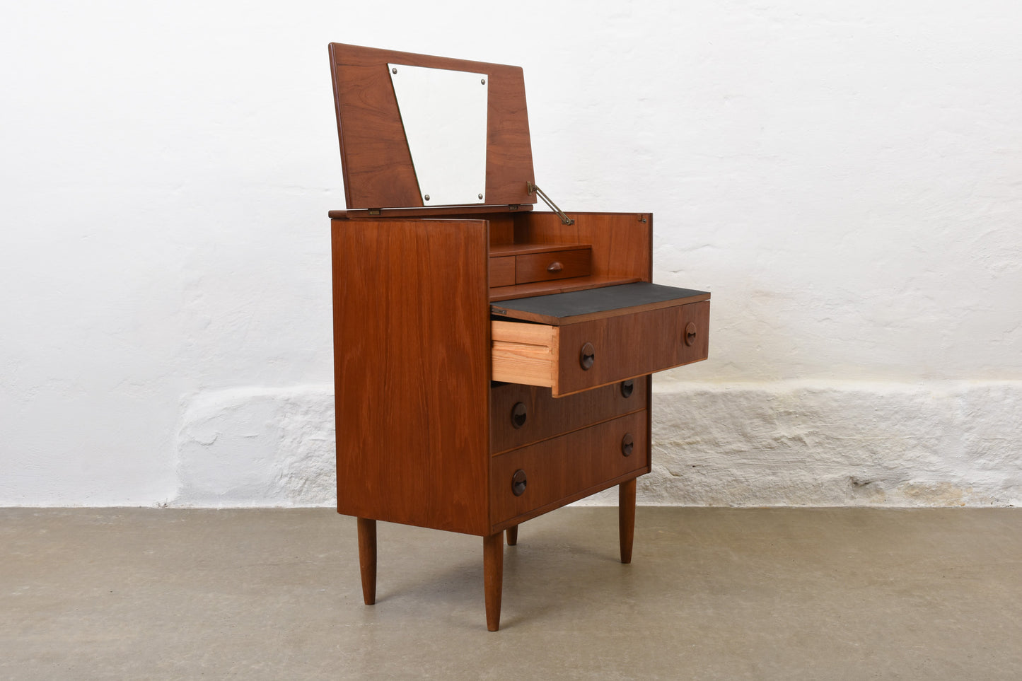 1950s low teak chest with mirror