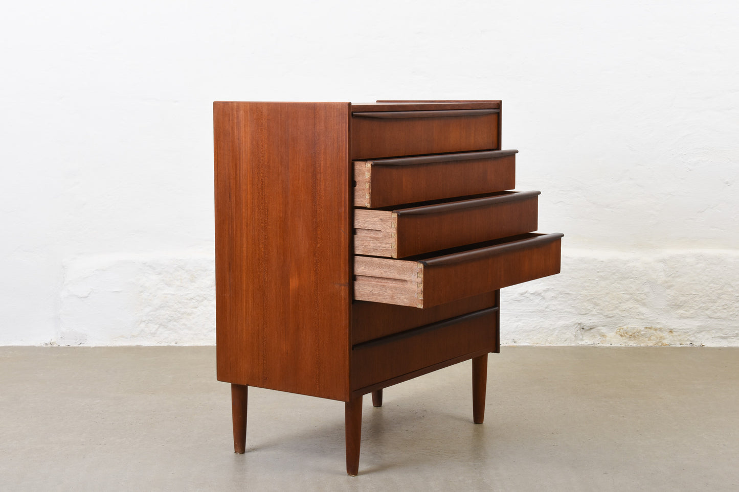 1960s teak chest of drawers with lipped handles