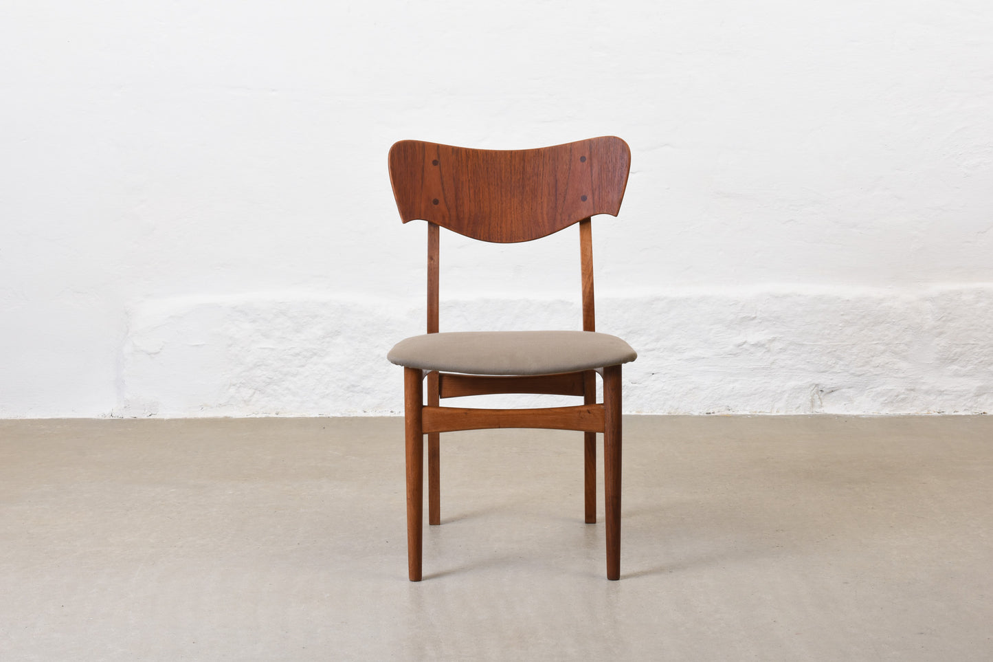 Newly reupholstered: Set of four 1950s teak + oak chairs