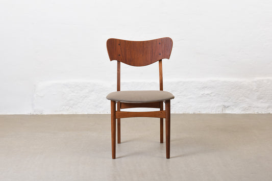 Newly reupholstered: Set of four 1950s teak + oak chairs