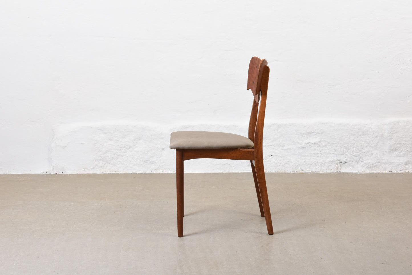 Newly reupholstered: Set of four 1950s teak + oak chairs