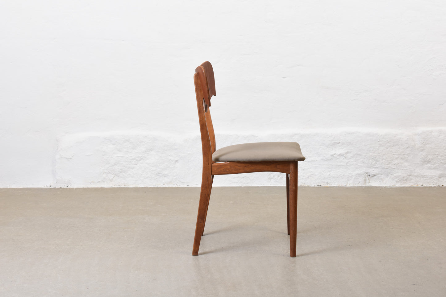 Newly reupholstered: Set of four 1950s teak + oak chairs