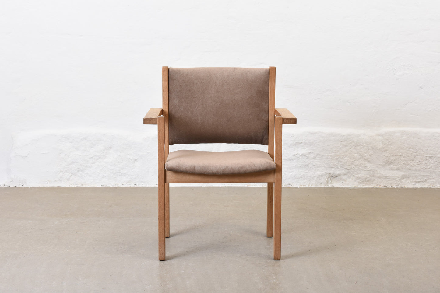 Newly reupholstered: Set of four oak stacking armchairs