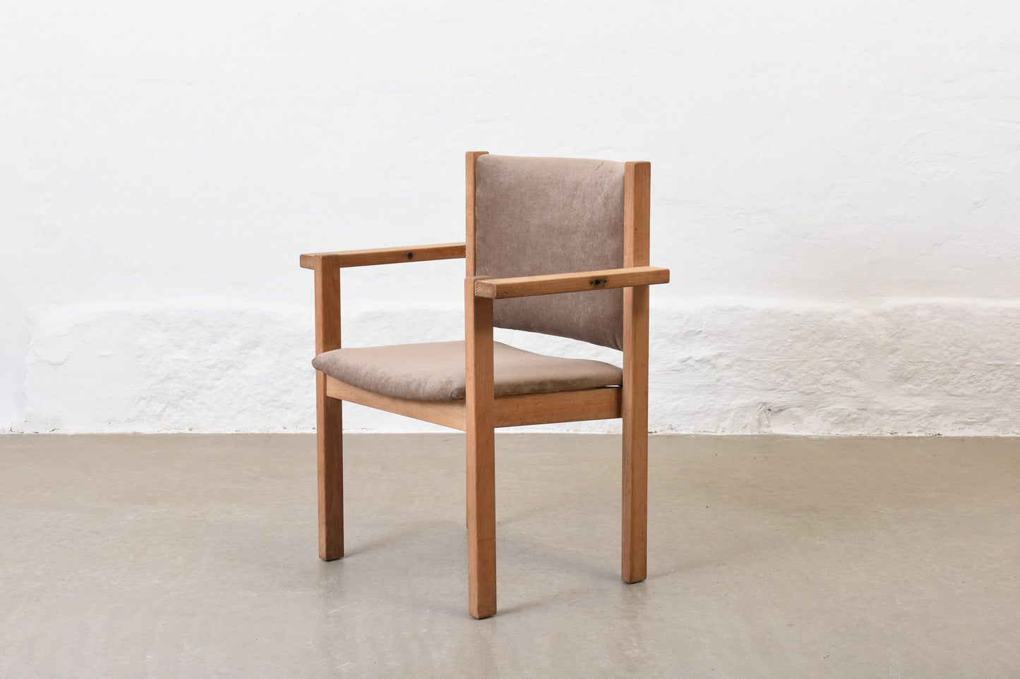 Newly reupholstered: Set of four oak stacking armchairs