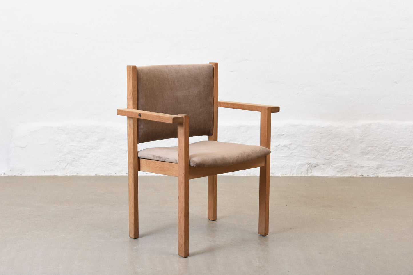 Newly reupholstered: Set of four oak stacking armchairs