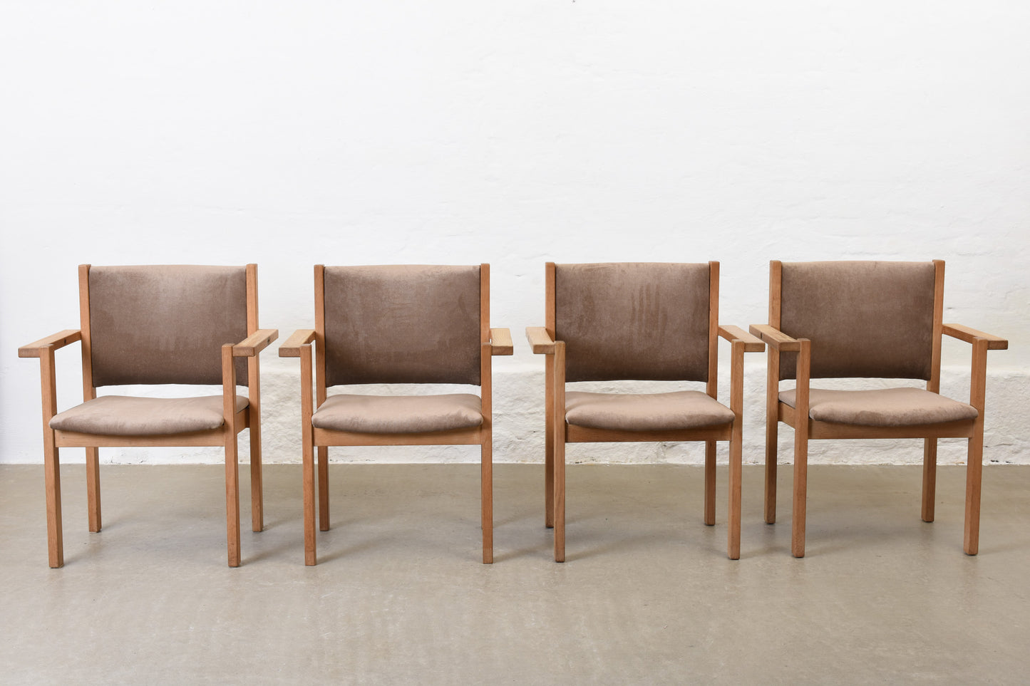 Newly reupholstered: Set of four oak stacking armchairs