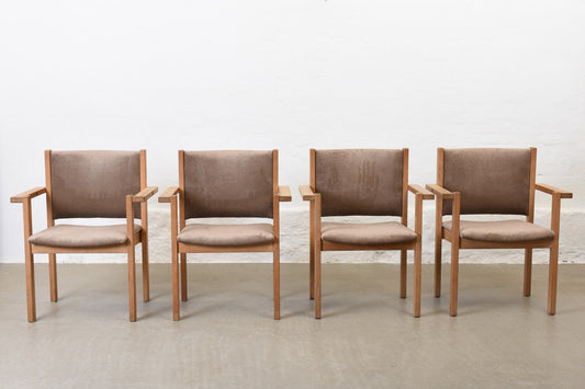 Newly reupholstered: Set of four oak stacking armchairs