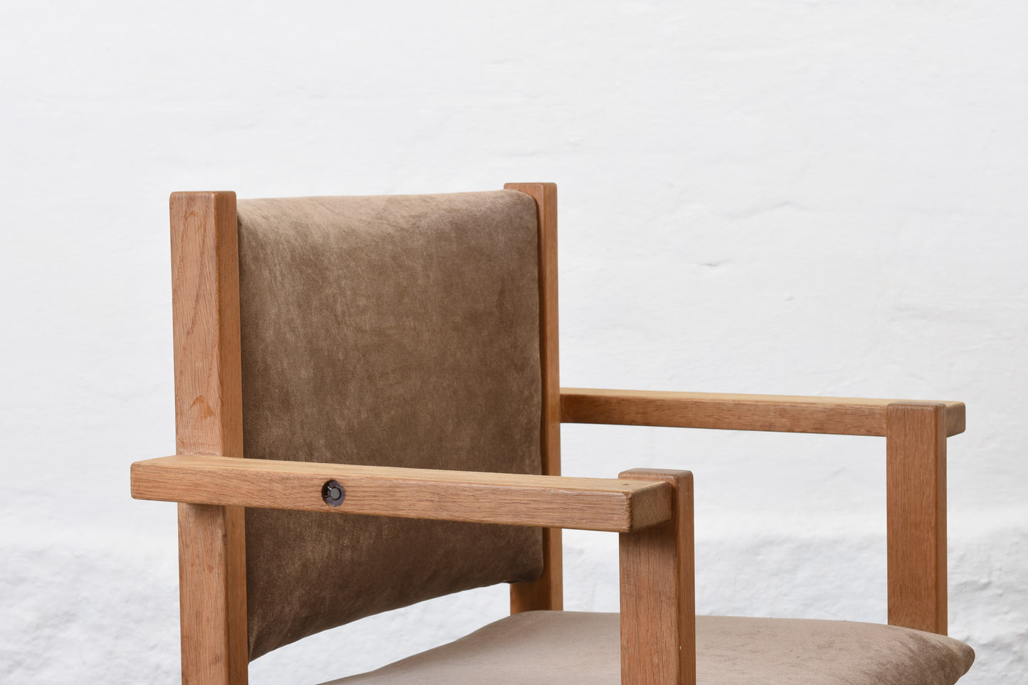 Newly reupholstered: Set of four oak stacking armchairs