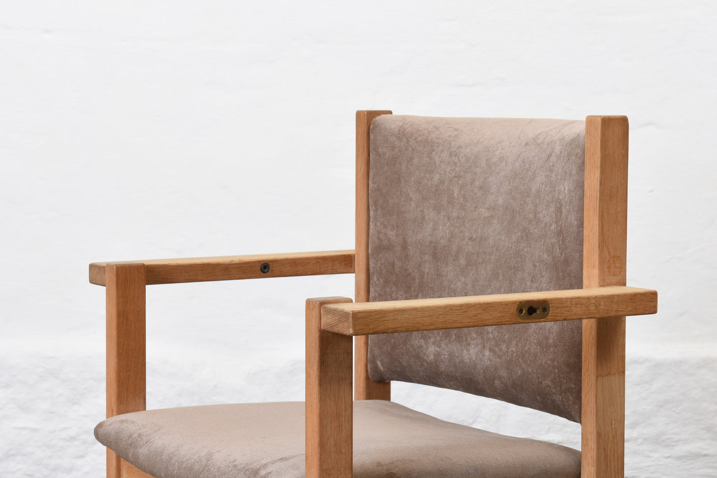 Newly reupholstered: Set of four oak stacking armchairs