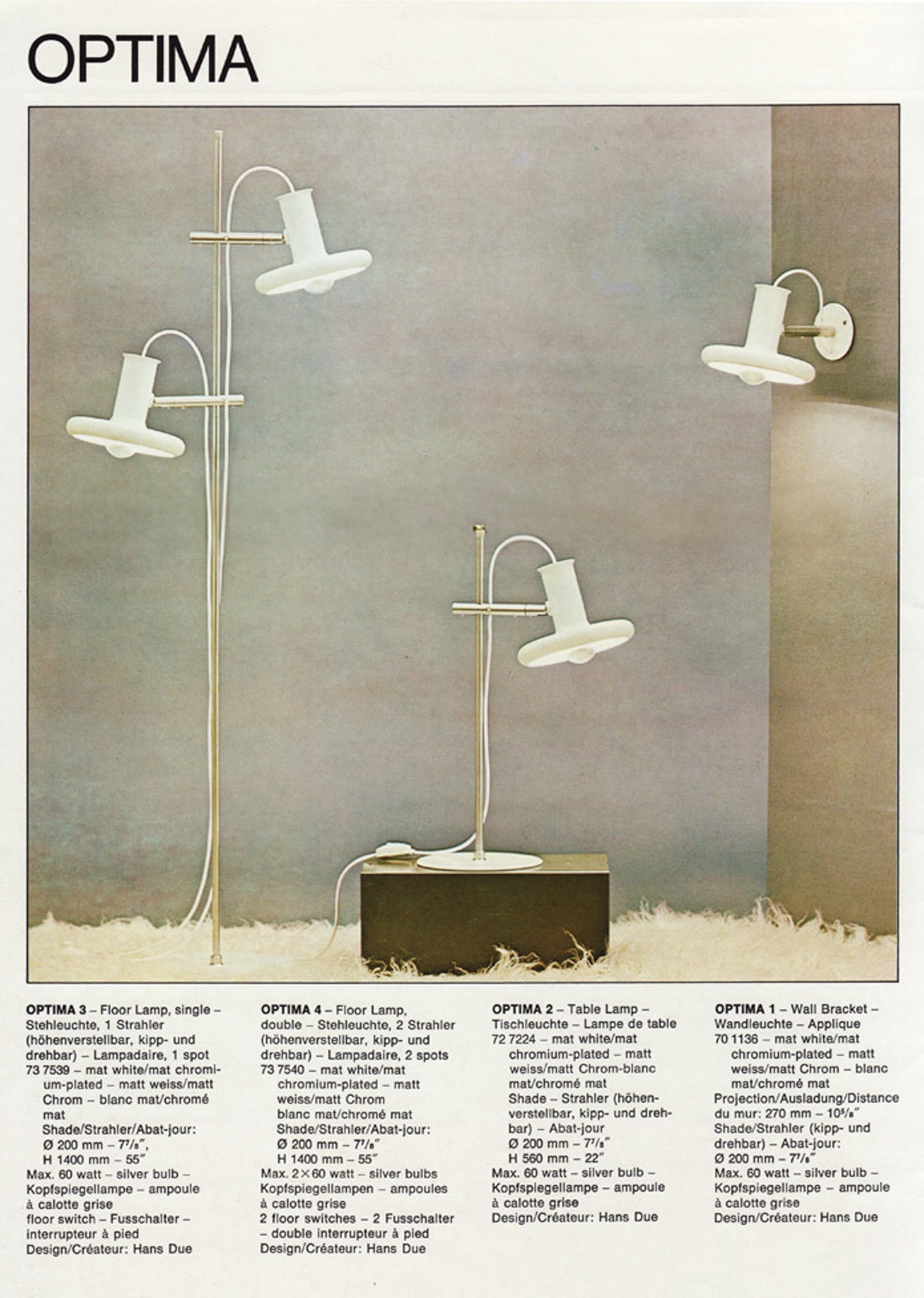 1970s 'Optima 4' floor lamp by Hans Due