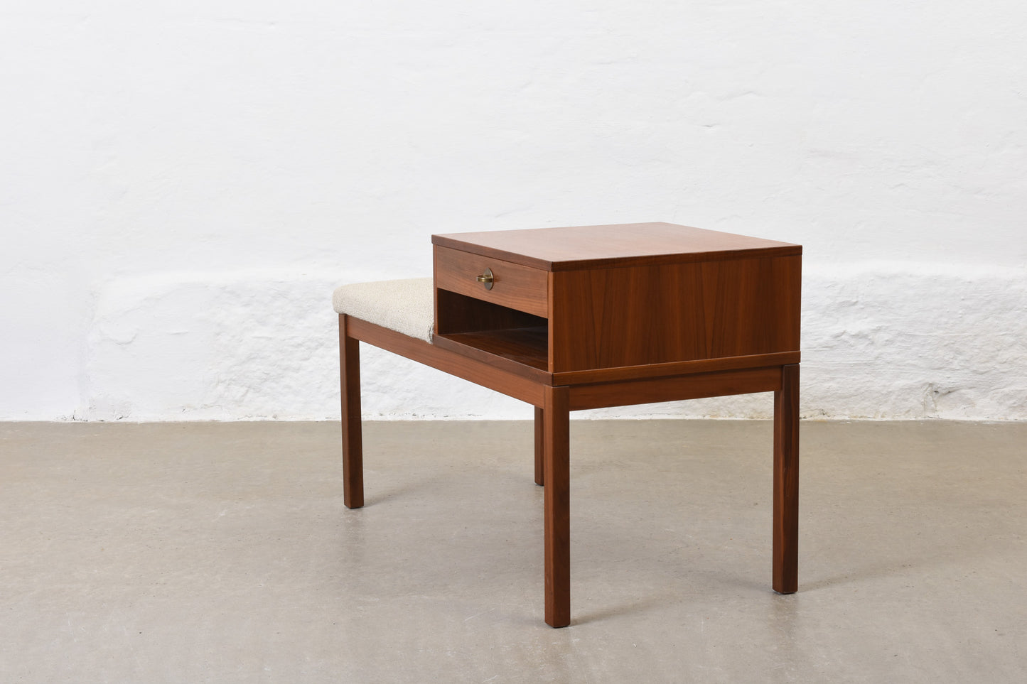 Newly reupholstered: 1960s teak telephone bench