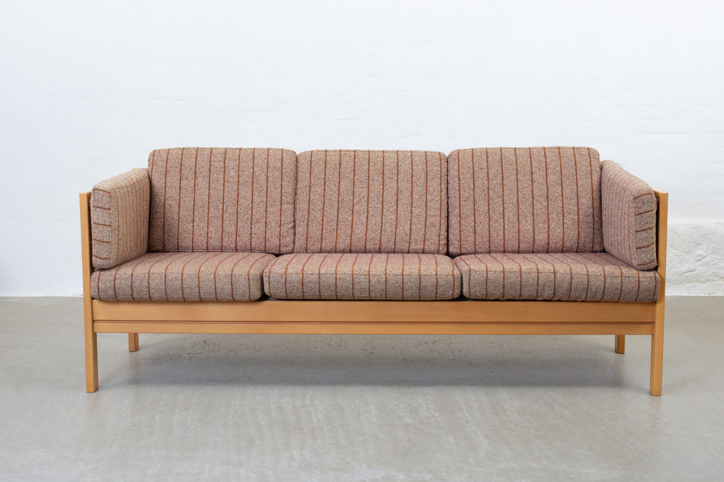 1980s beech, cane and wool three seat sofa