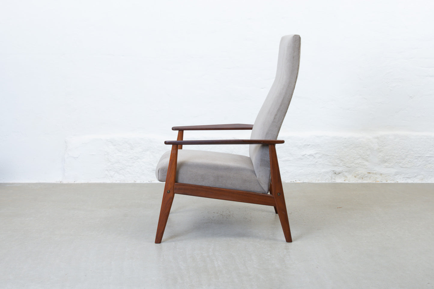 Newly reupholstered: 1960s teak + corduroy lounger