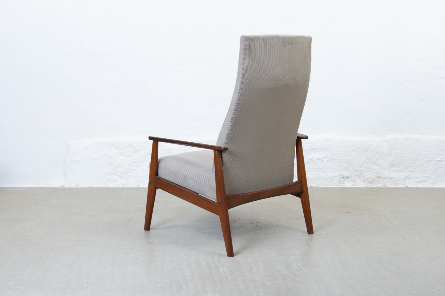 Newly reupholstered: 1960s teak + corduroy lounger