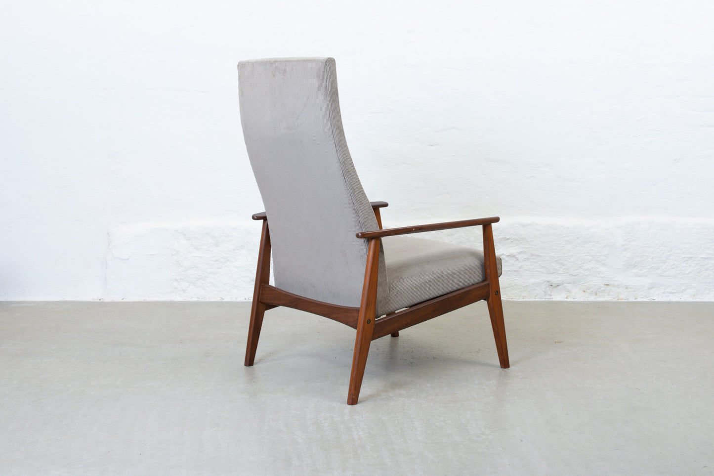 Newly reupholstered: 1960s teak + corduroy lounger