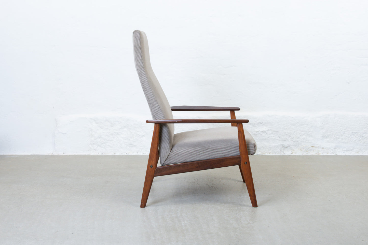 Newly reupholstered: 1960s teak + corduroy lounger