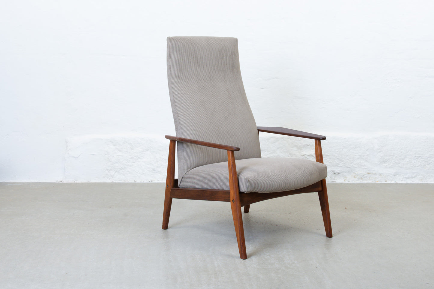 Newly reupholstered: 1960s teak + corduroy lounger