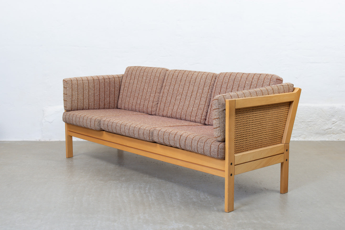 1980s beech, cane and wool three seat sofa