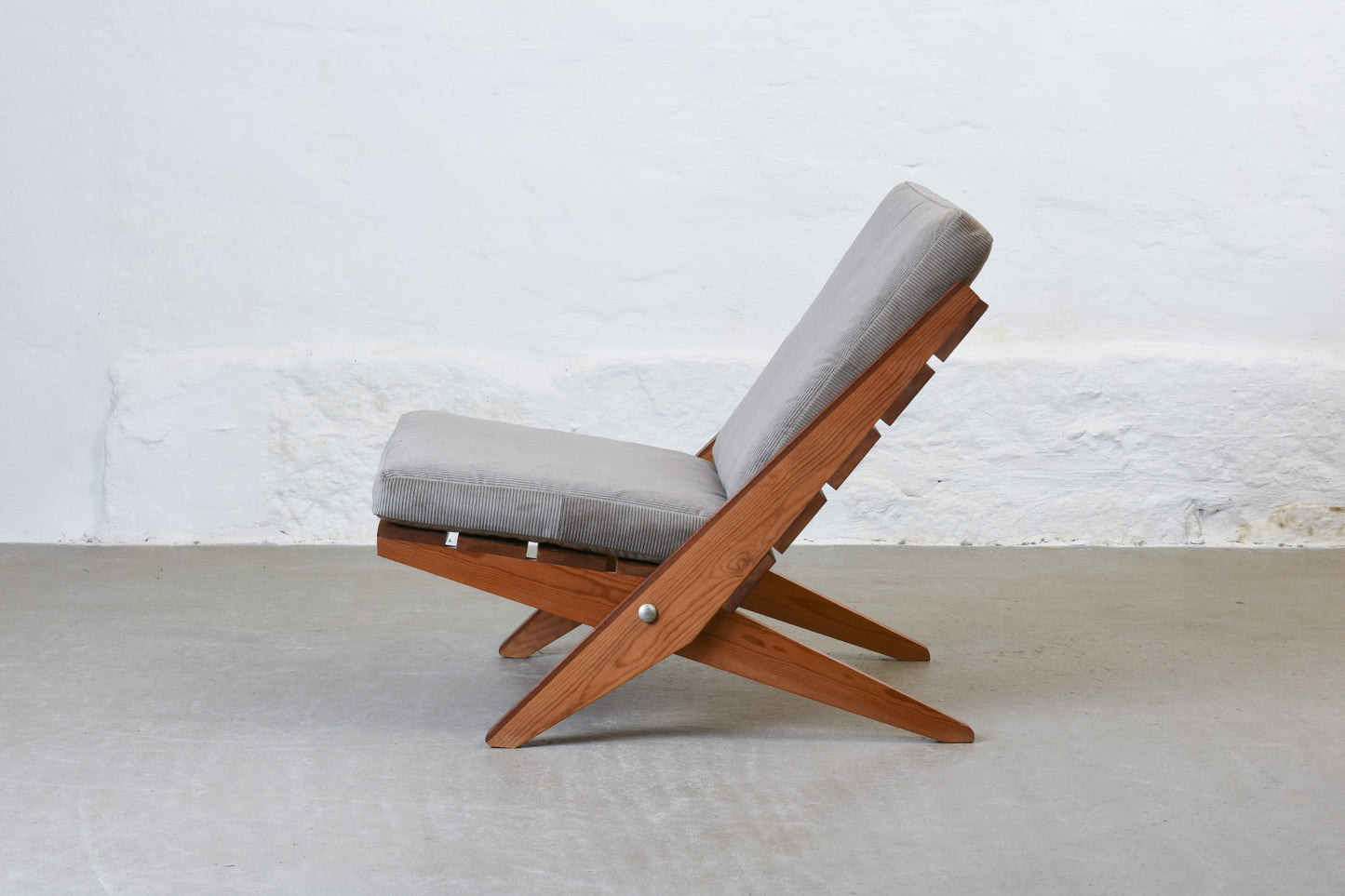 Newly reupholstered: 1960s pine + corduroy lounger