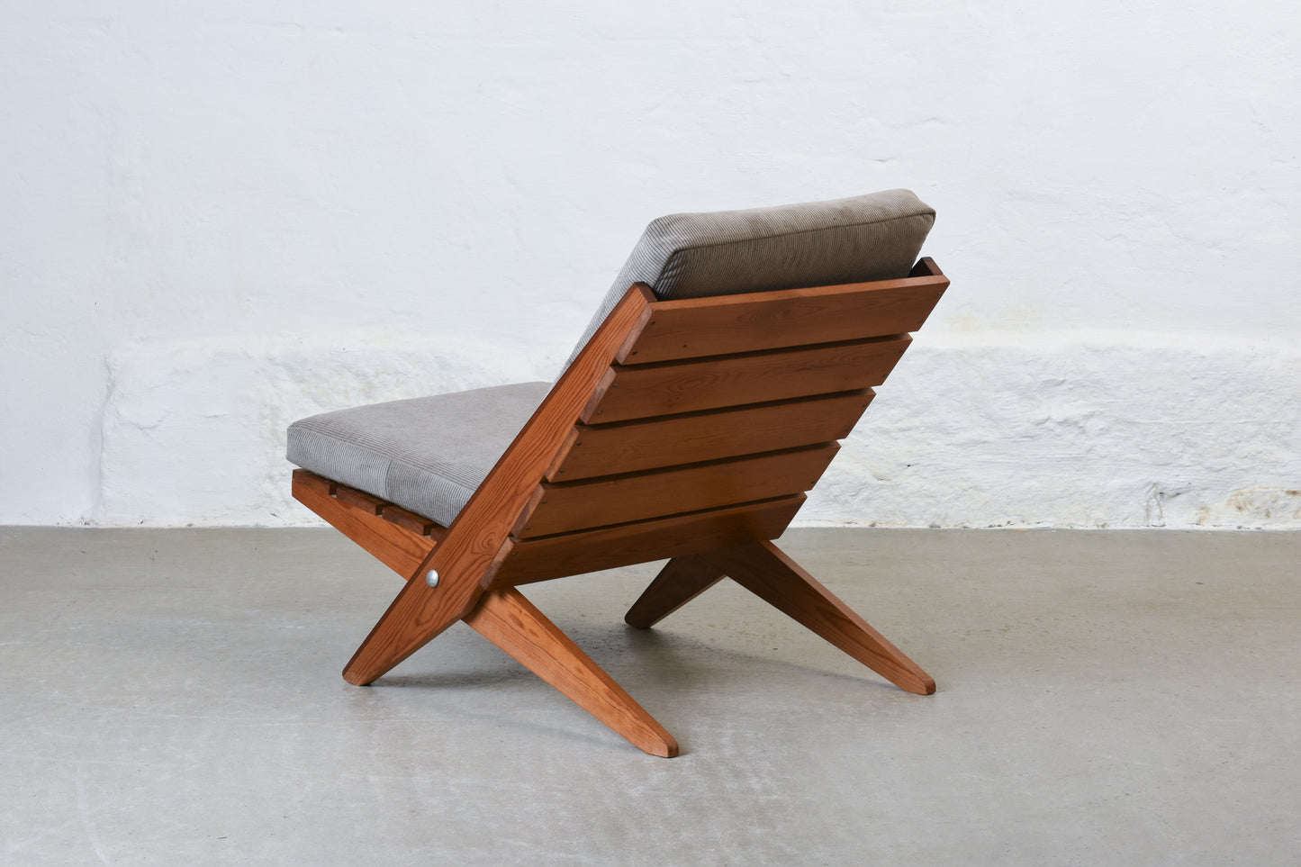 Newly reupholstered: 1960s pine + corduroy lounger