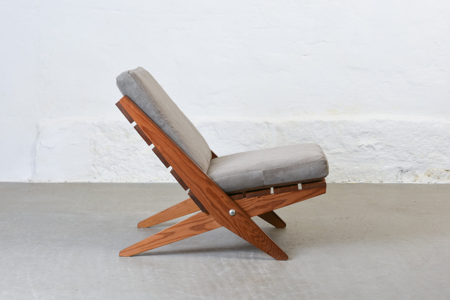 Newly reupholstered: 1960s pine + corduroy lounger