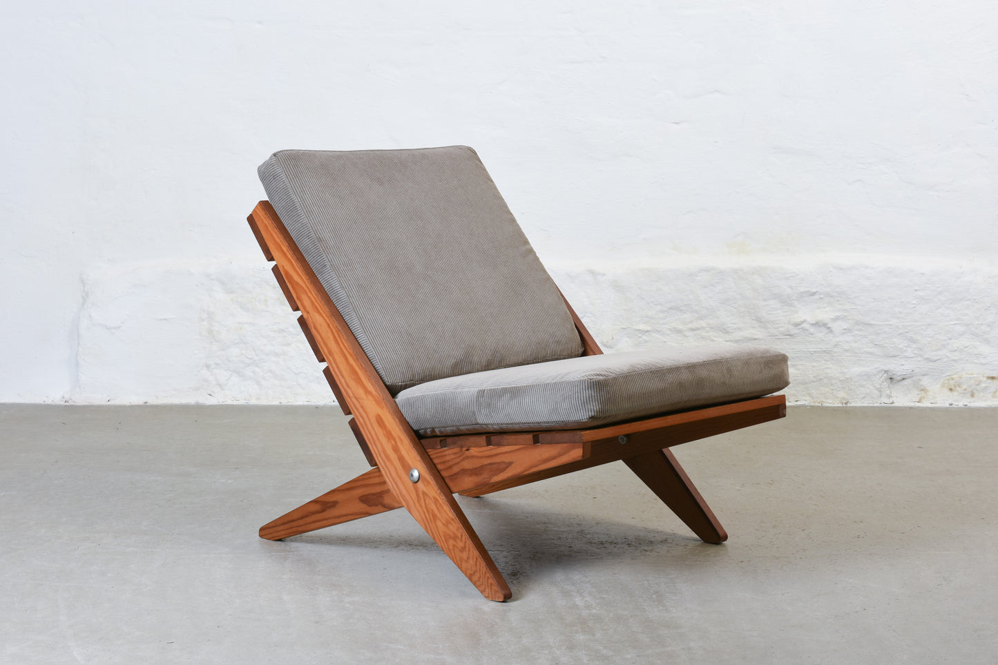 Newly reupholstered: 1960s pine + corduroy lounger