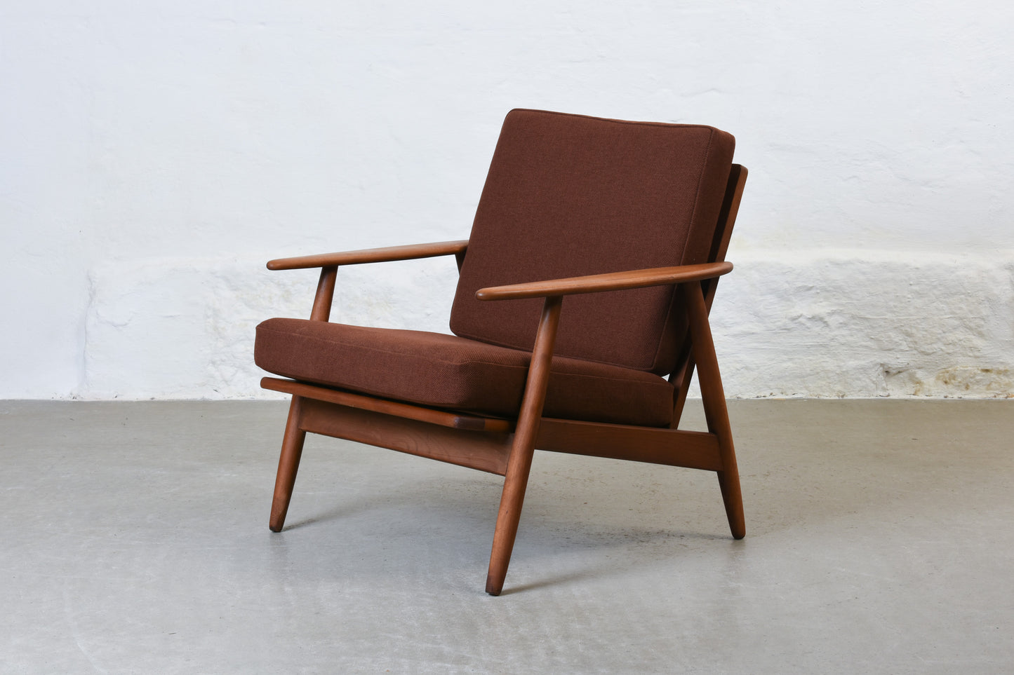 Newly reupholstered: 1960s stained beech lounger