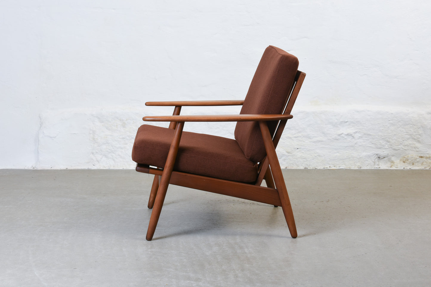 Newly reupholstered: 1960s stained beech lounger