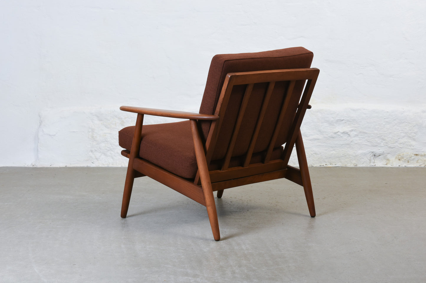 Newly reupholstered: 1960s stained beech lounger