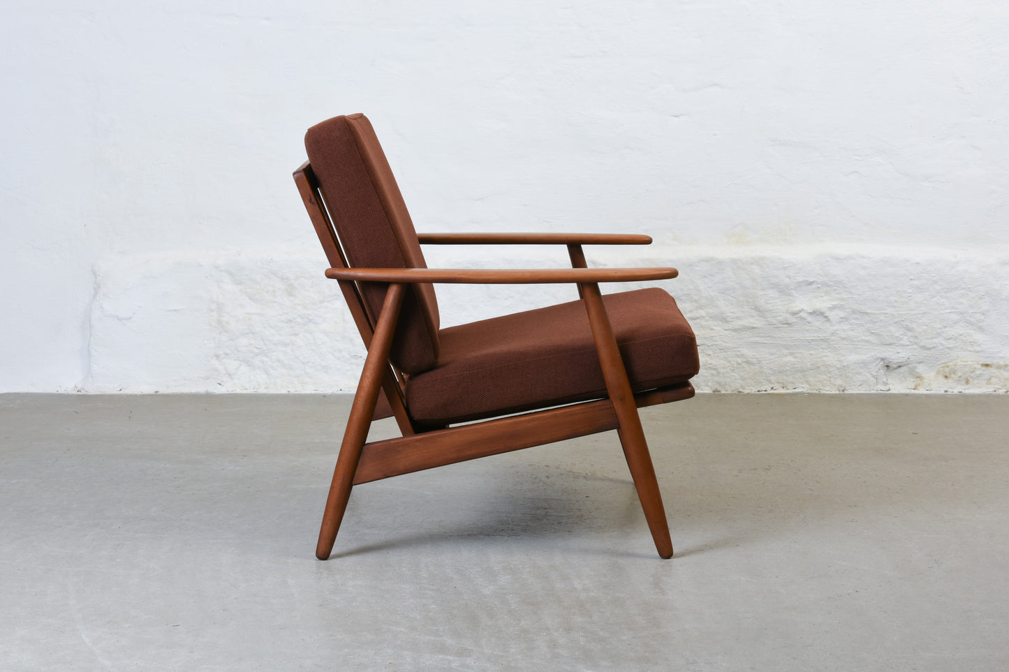 Newly reupholstered: 1960s stained beech lounger