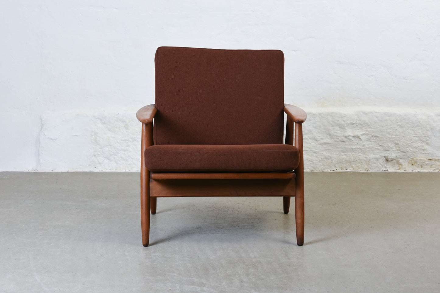 Newly reupholstered: 1960s stained beech lounger