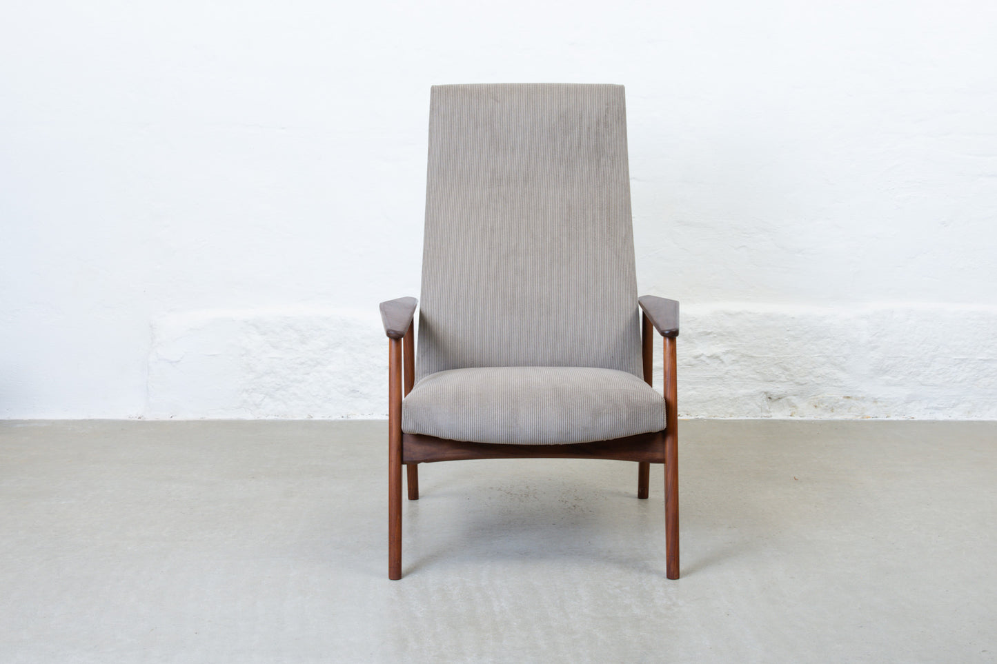 Newly reupholstered: 1960s teak + corduroy lounger