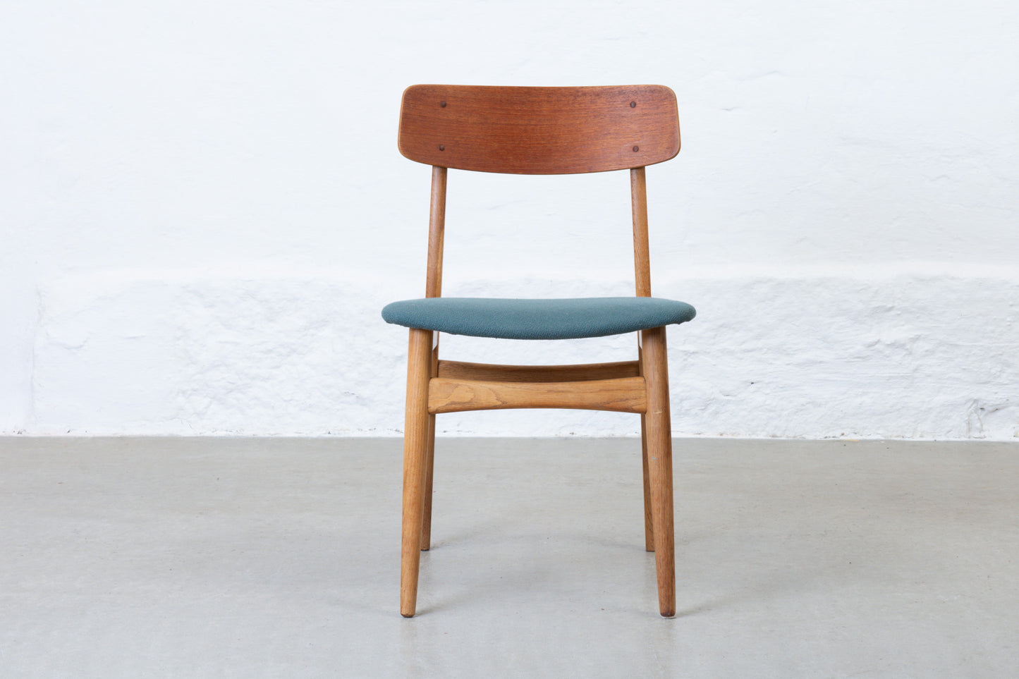 Newly reupholstered: Set of 1960s teak + oak dining chairs