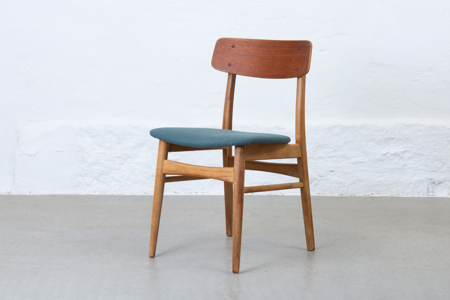 Newly reupholstered: Set of 1960s teak + oak dining chairs