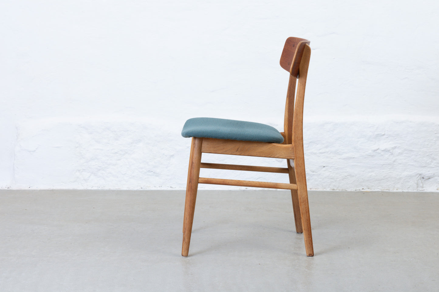 Newly reupholstered: Set of 1960s teak + oak dining chairs
