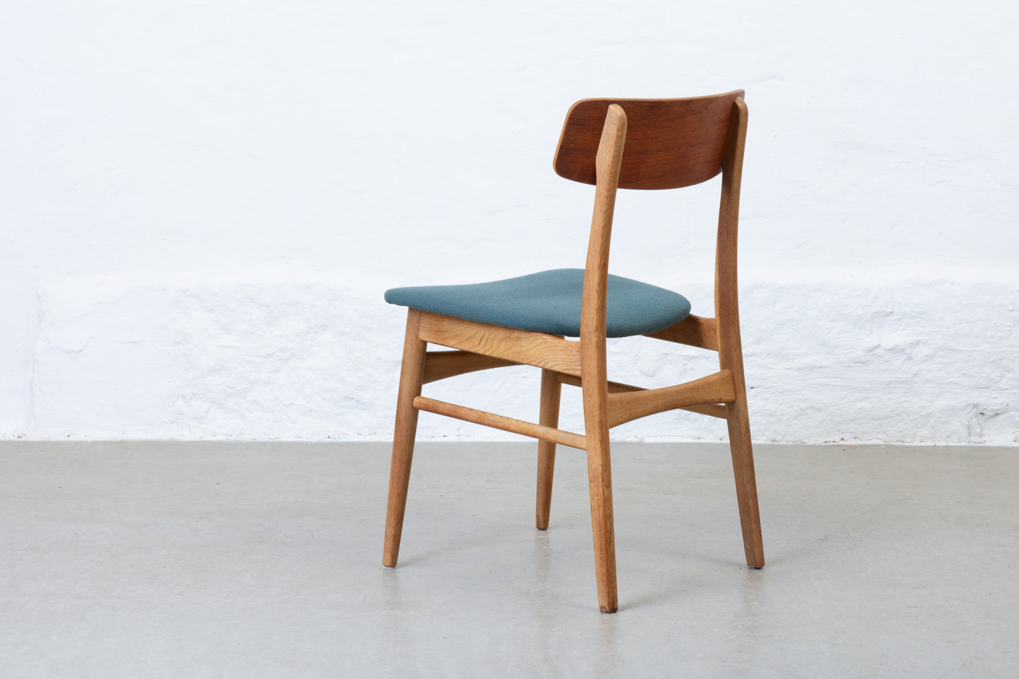 Newly reupholstered: Set of 1960s teak + oak dining chairs