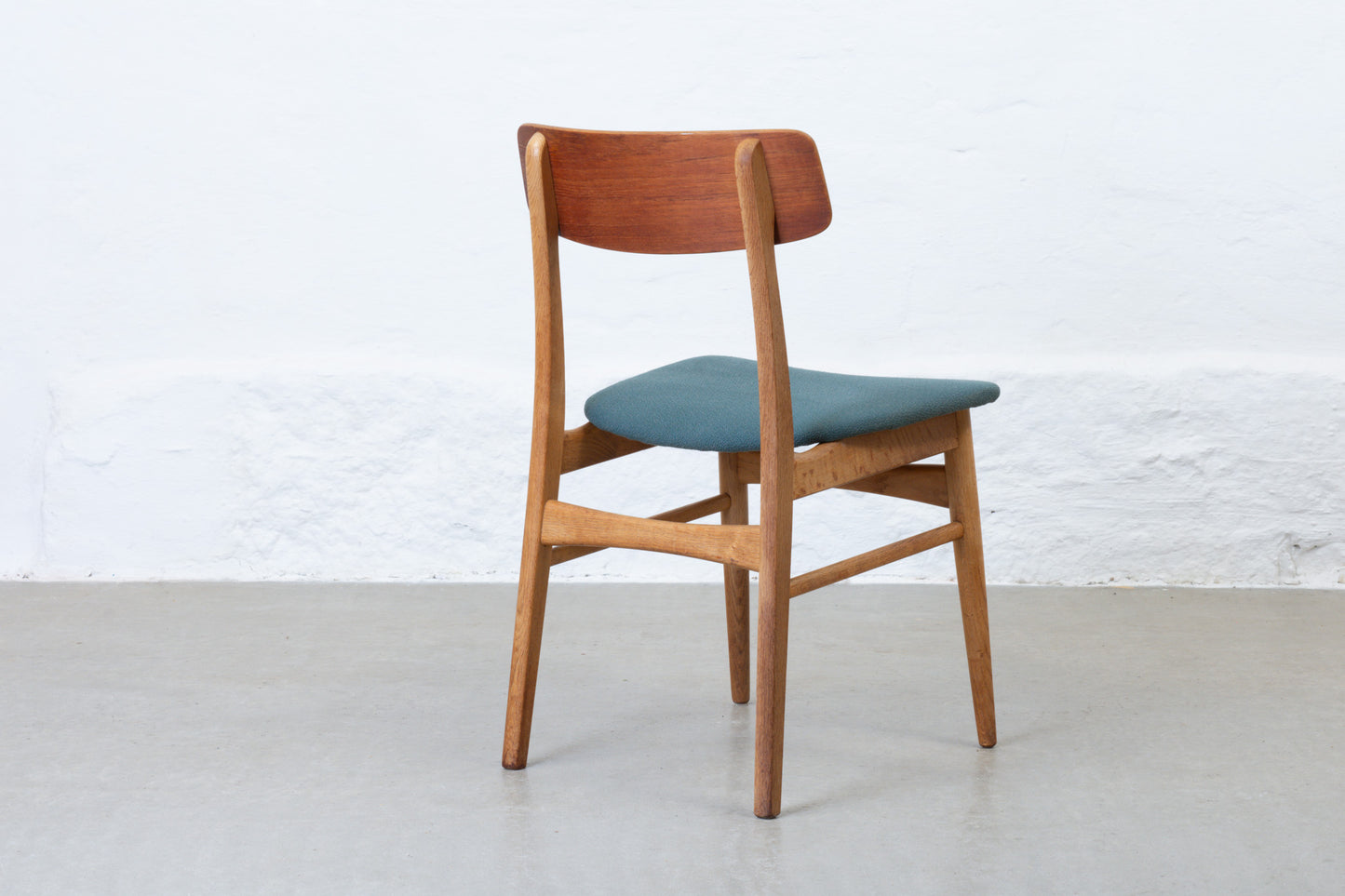 Newly reupholstered: Set of 1960s teak + oak dining chairs
