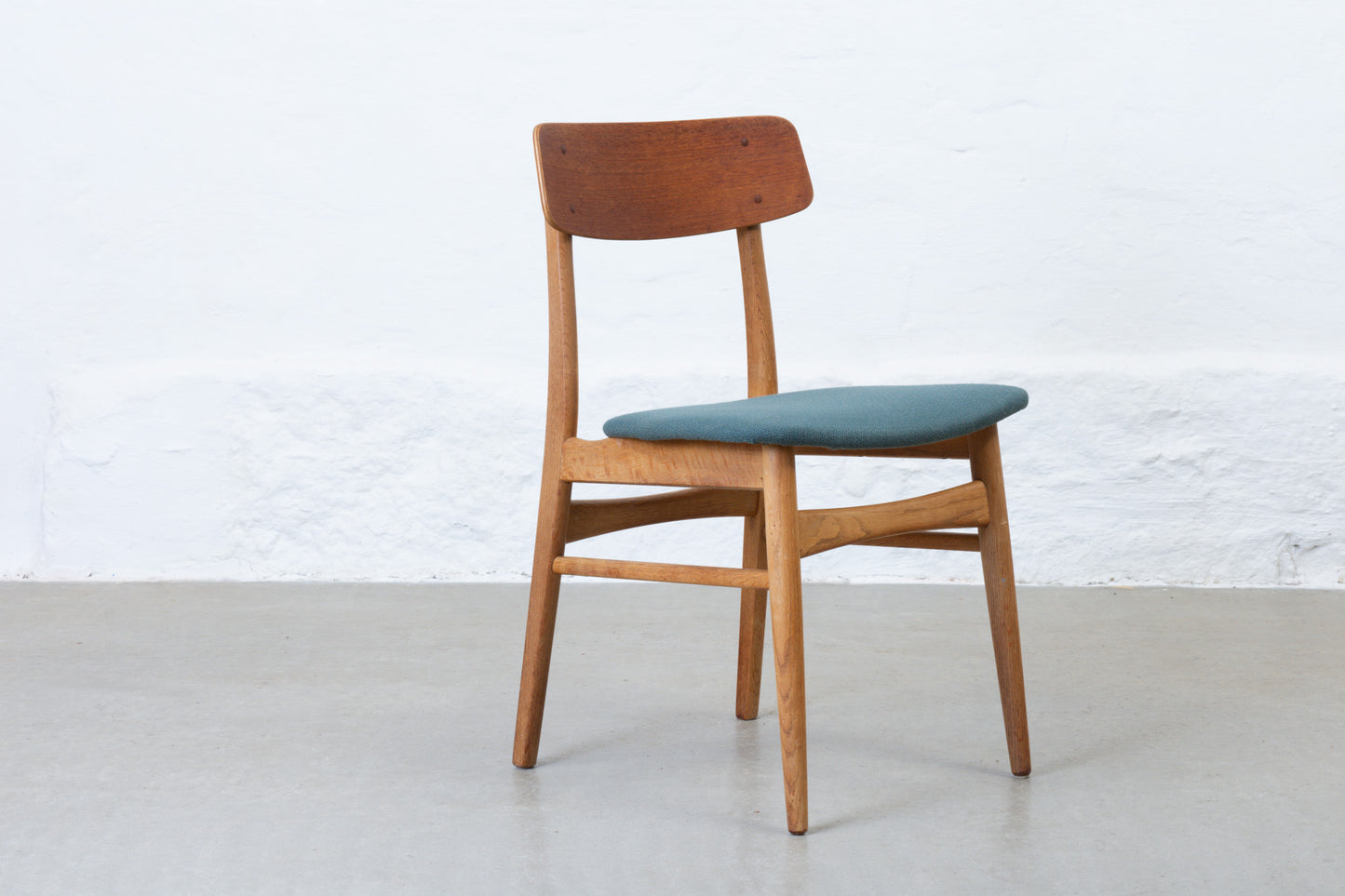 Newly reupholstered: Set of 1960s teak + oak dining chairs