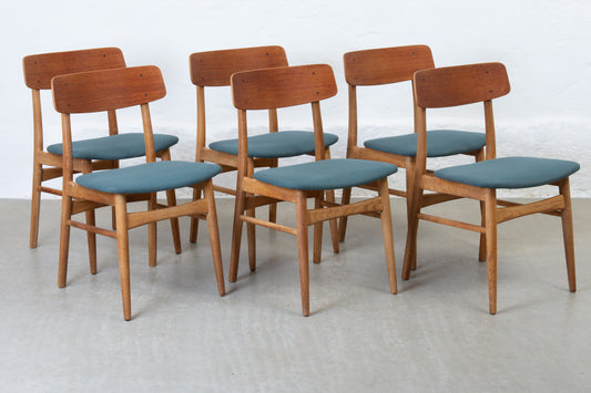 Newly reupholstered: Set of 1960s teak + oak dining chairs