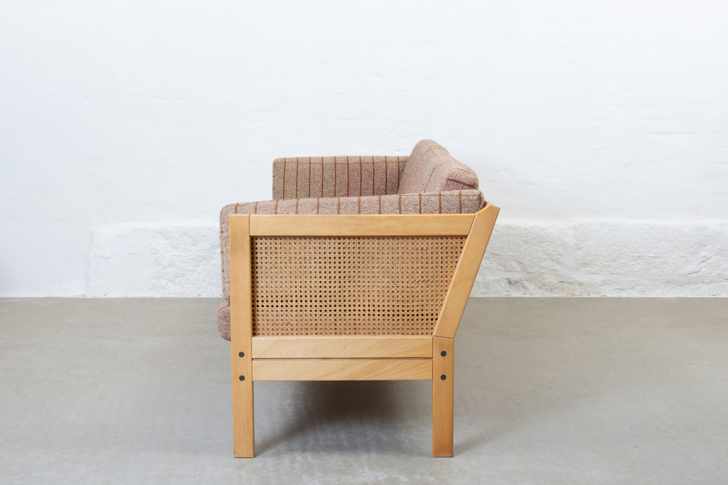 1980s beech, cane and wool three seat sofa