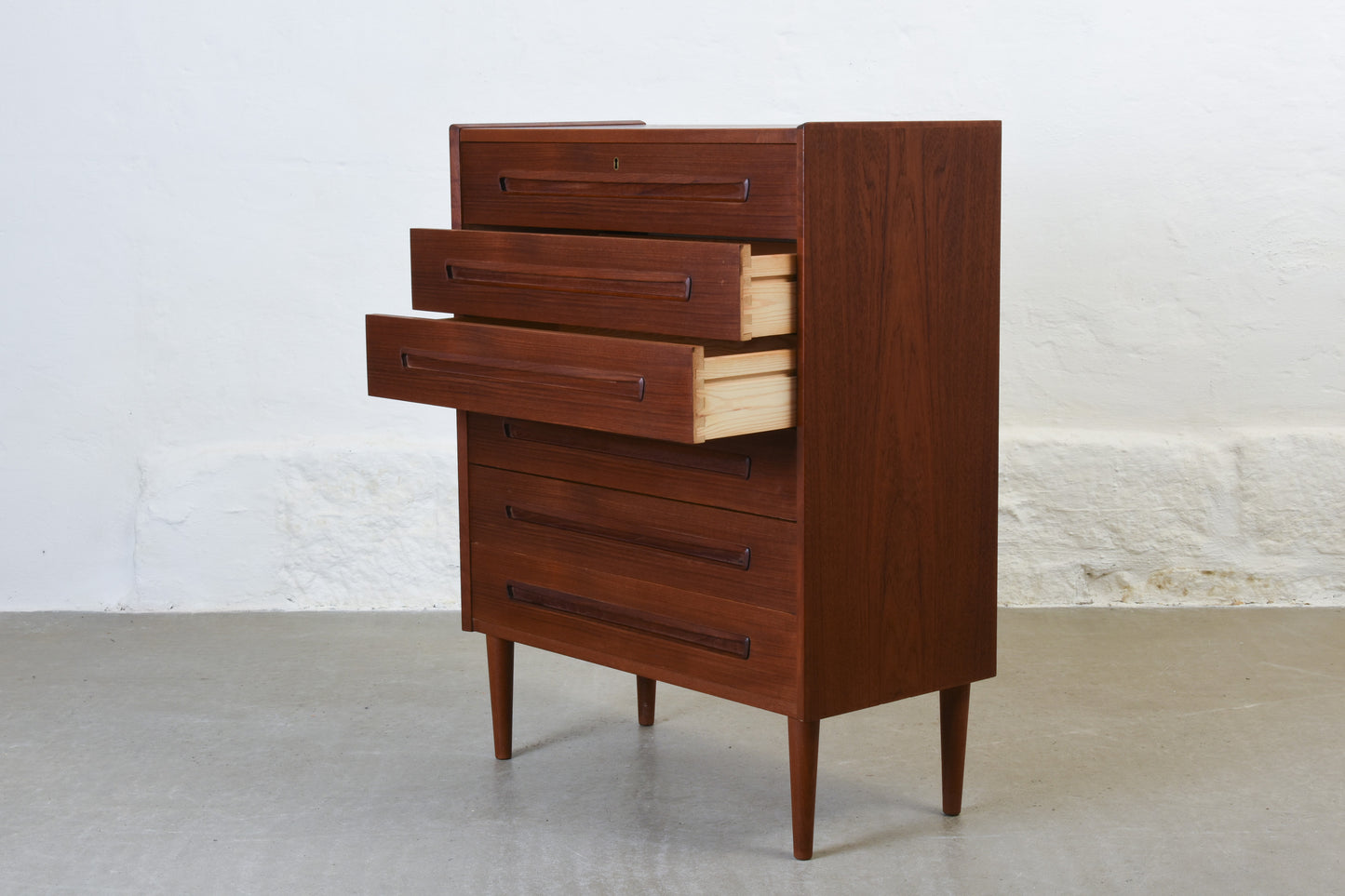1960s teak chest of drawers with recessed handles
