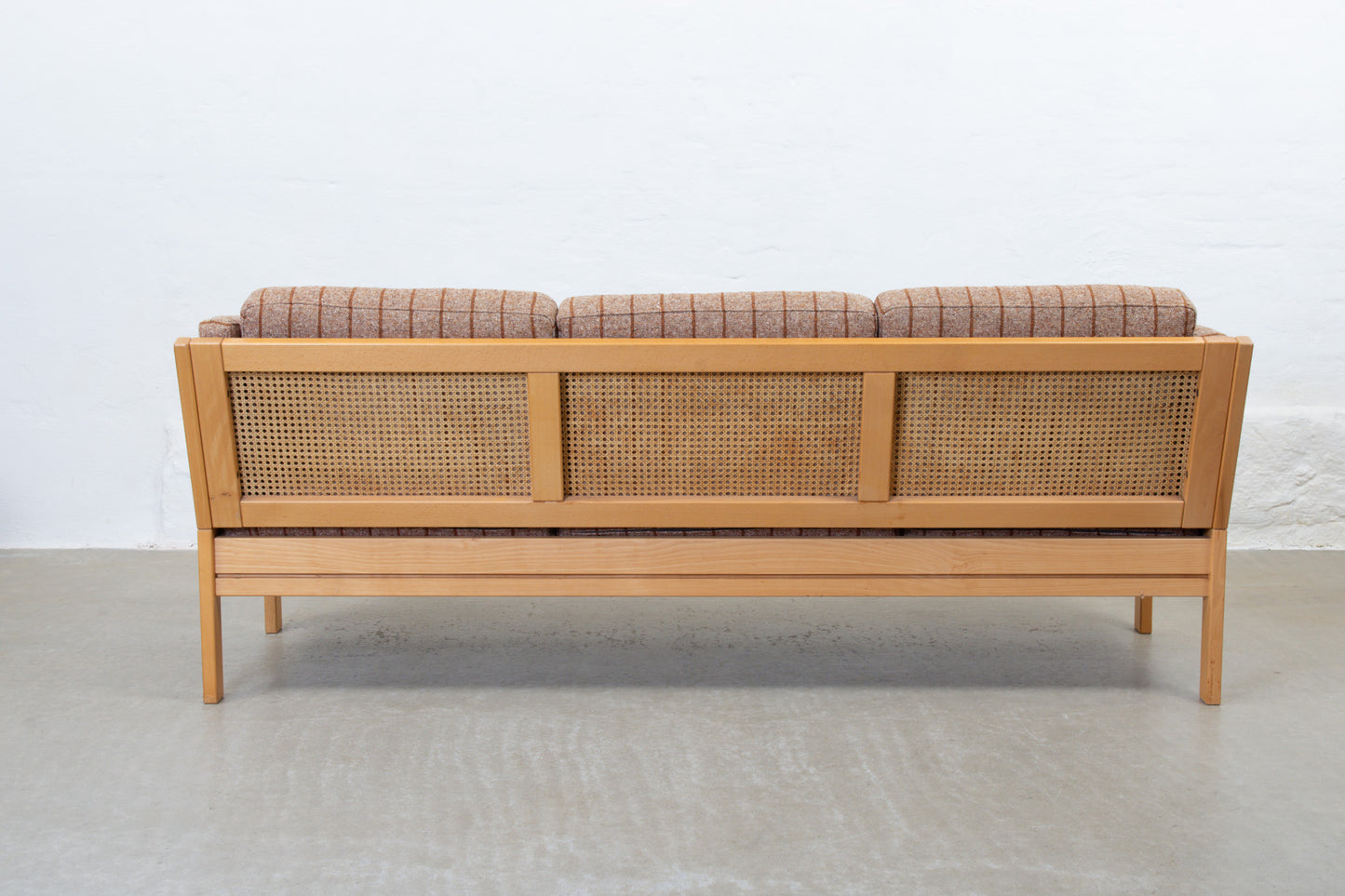 1980s beech, cane and wool three seat sofa