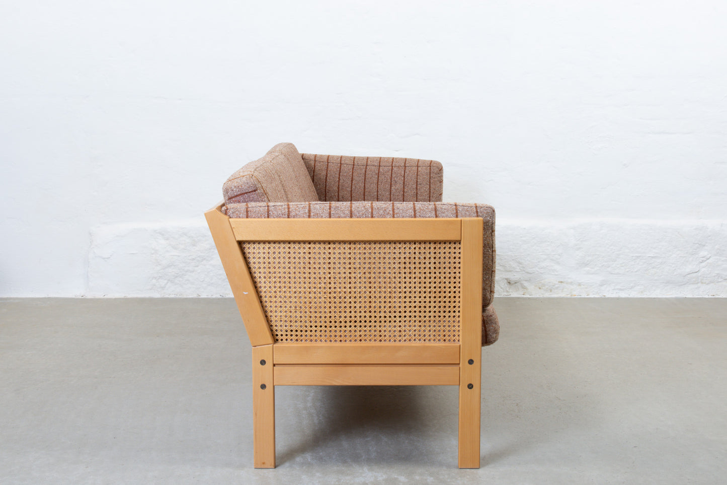 1980s beech, cane and wool three seat sofa