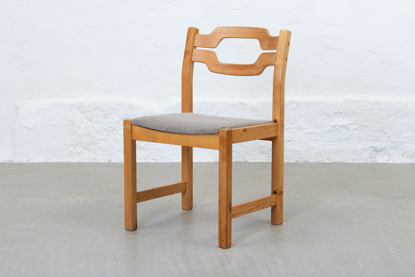 Newly reupholstered: Set of 1970s pine + corduroy dining chairs