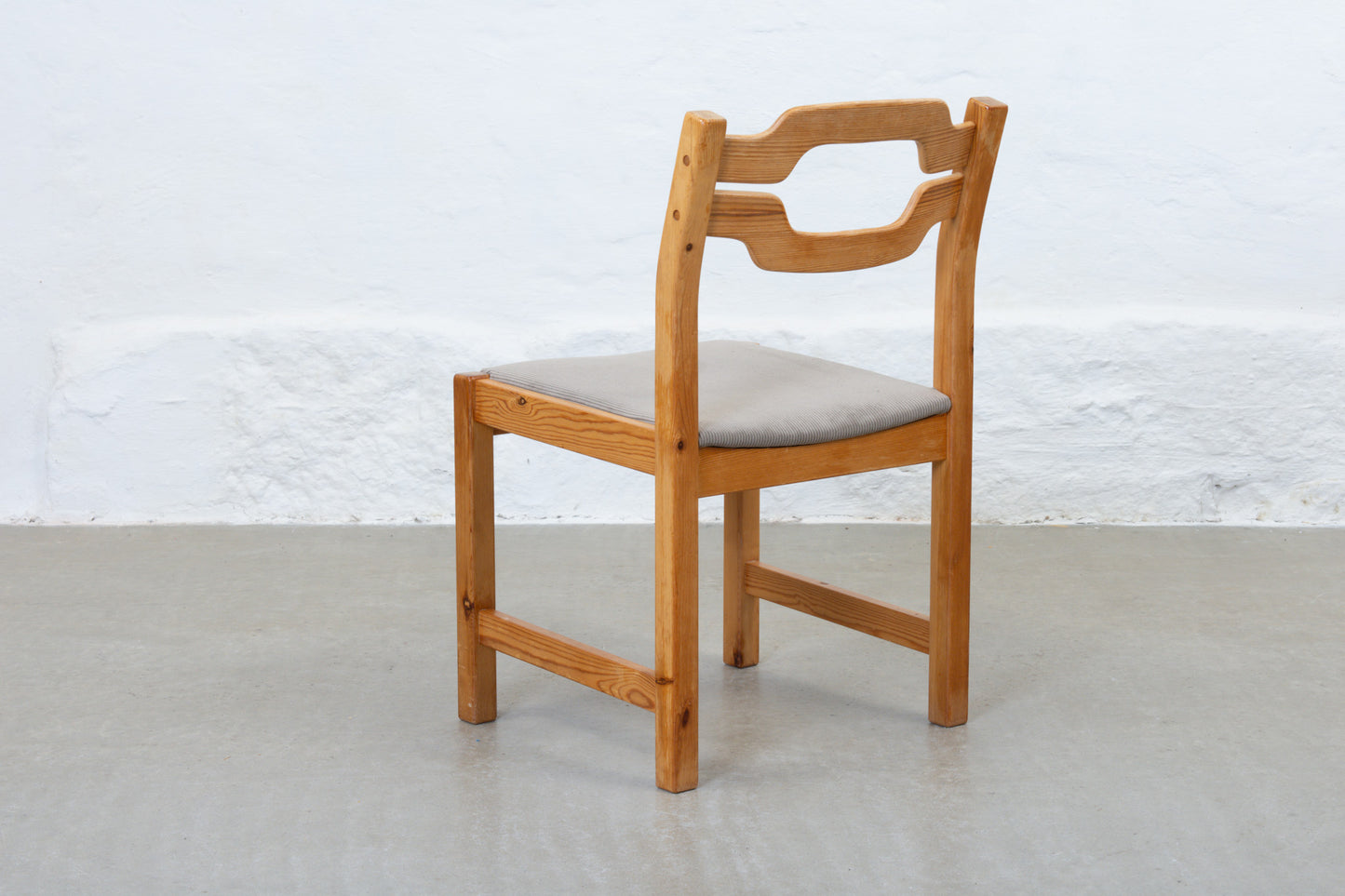 Newly reupholstered: Set of 1970s pine + corduroy dining chairs