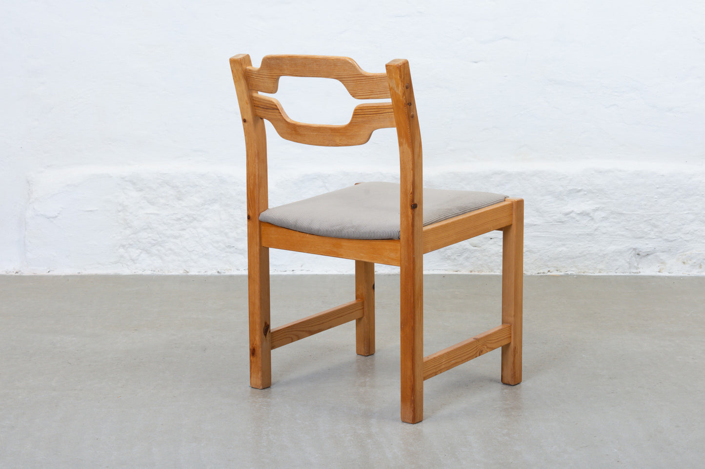 Newly reupholstered: Set of 1970s pine + corduroy dining chairs