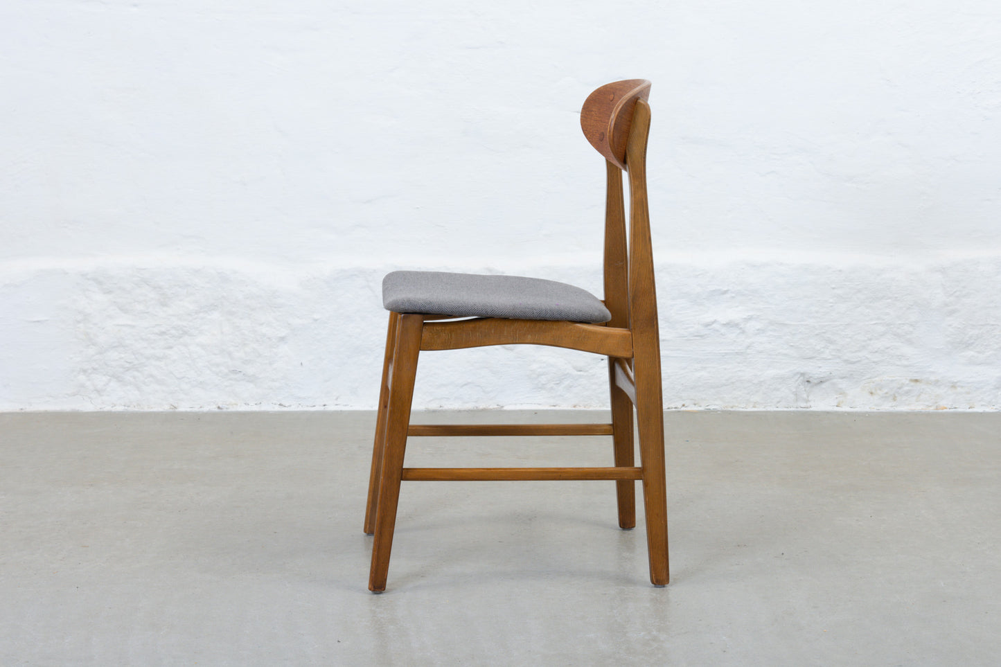 Newly reupholstered: Set of four 1960s teak + beech dining chairs