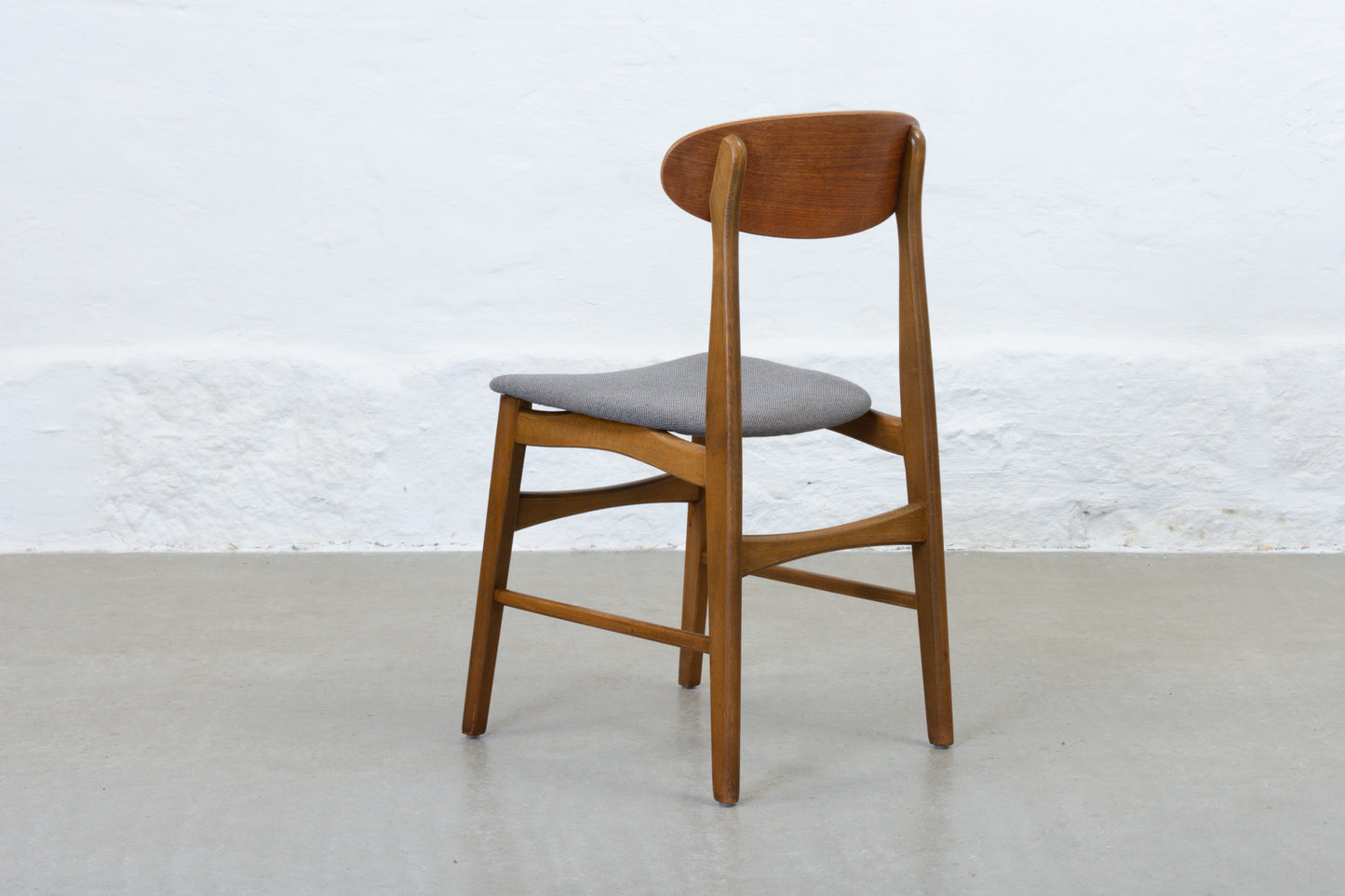 Newly reupholstered: Set of four 1960s teak + beech dining chairs