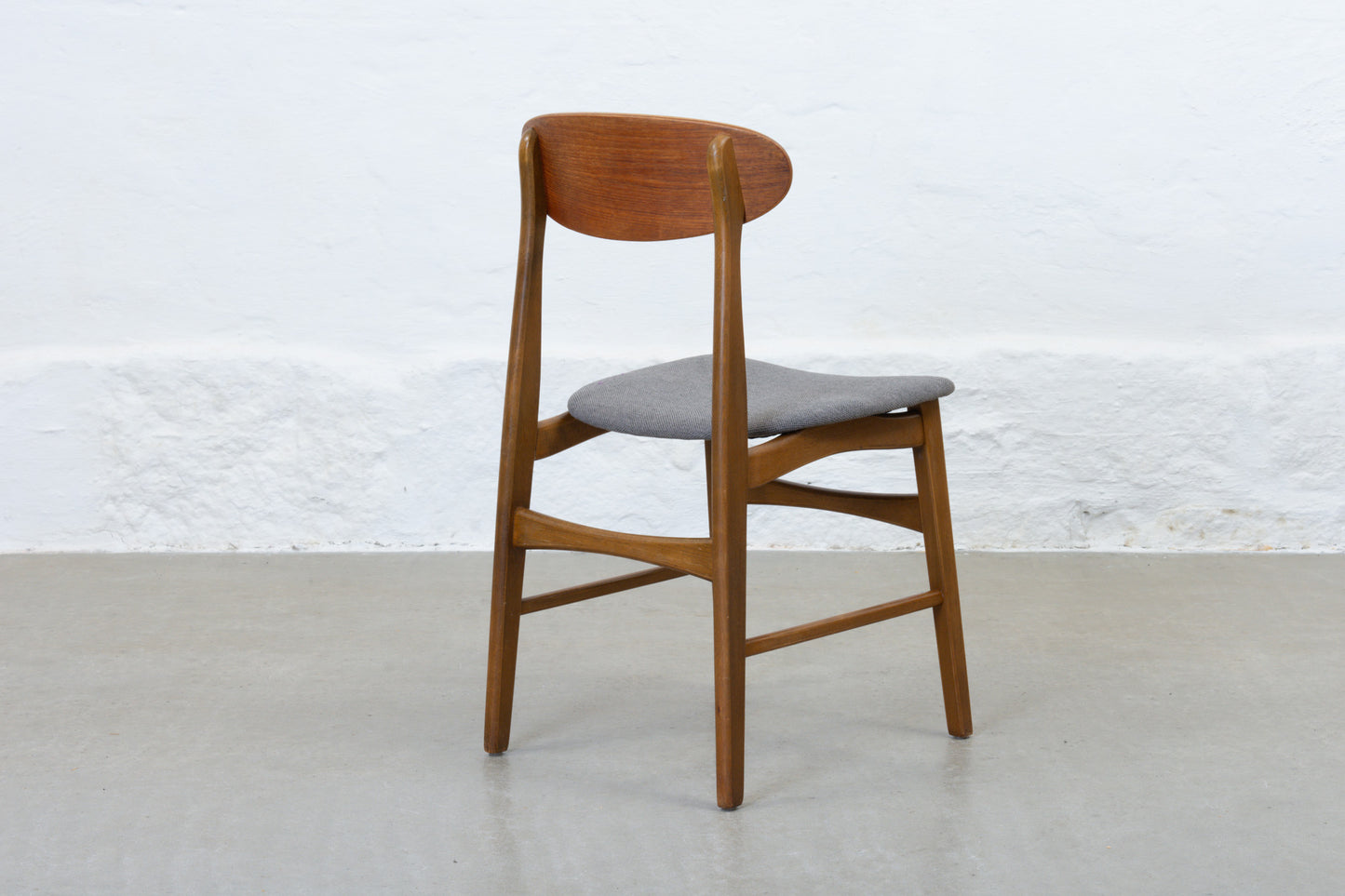 Newly reupholstered: Set of four 1960s teak + beech dining chairs