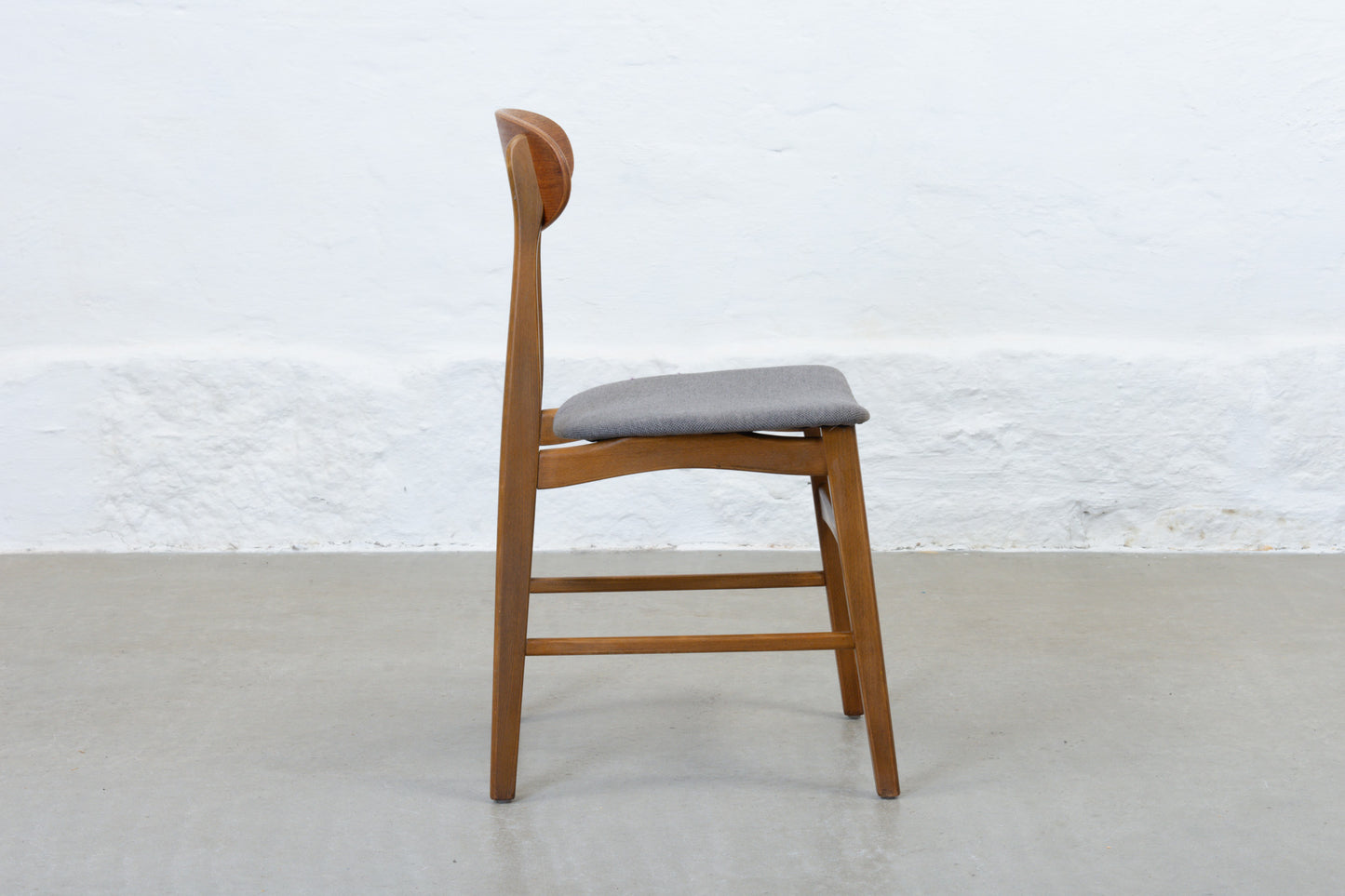 Newly reupholstered: Set of four 1960s teak + beech dining chairs